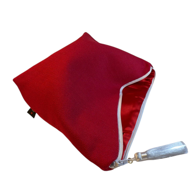 Handmade Red Cosmetic Bag with White Zipper | Textured fabric | Elegant Travel Makeup Pouch | Size 11×8.5×3.5 in