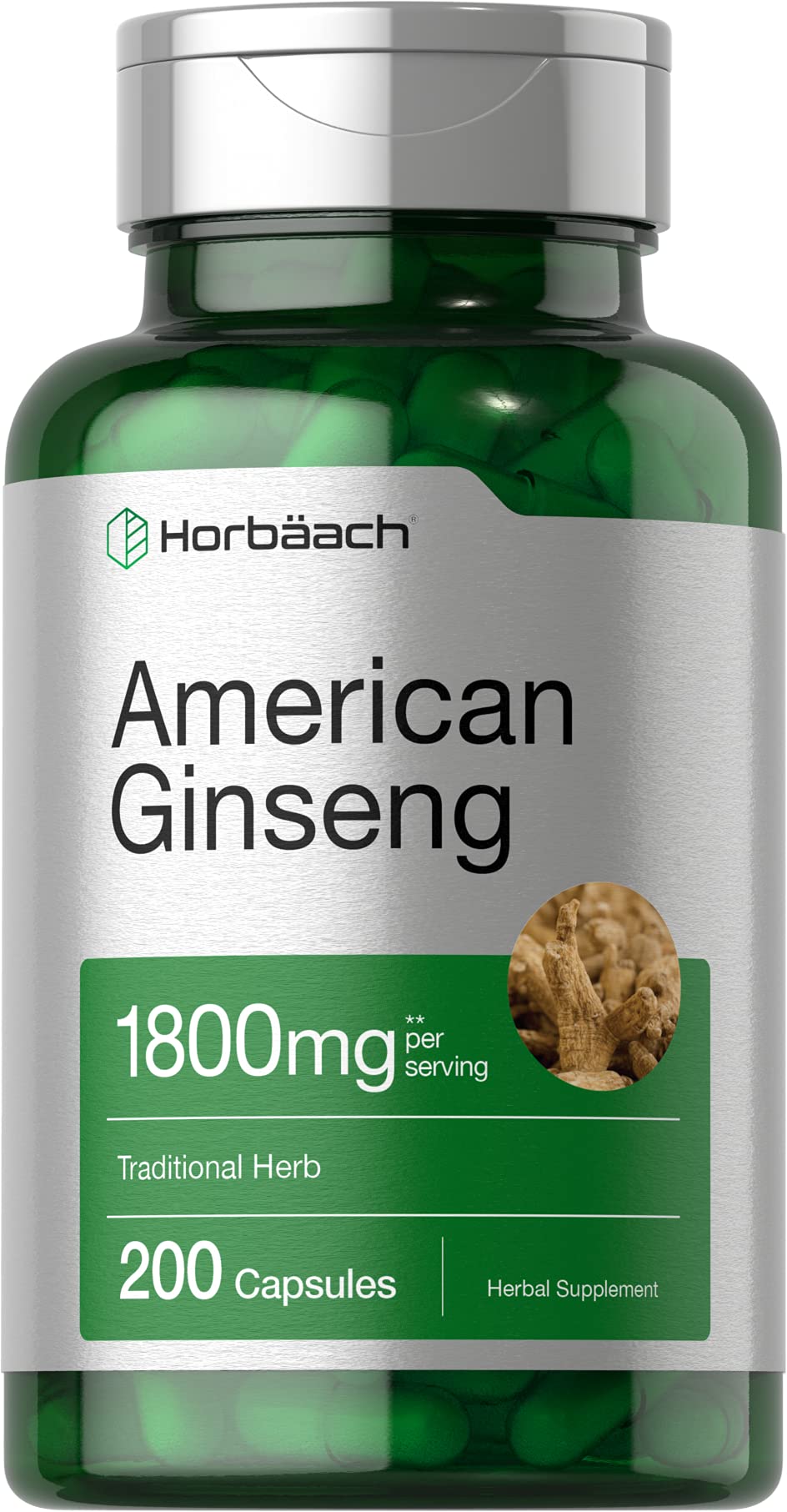 Horbäach American Ginseng Capsules | 1800 mg | 200 Count | Non-GMO, Gluten Free Supplement | Ginseng Root Extract Complex