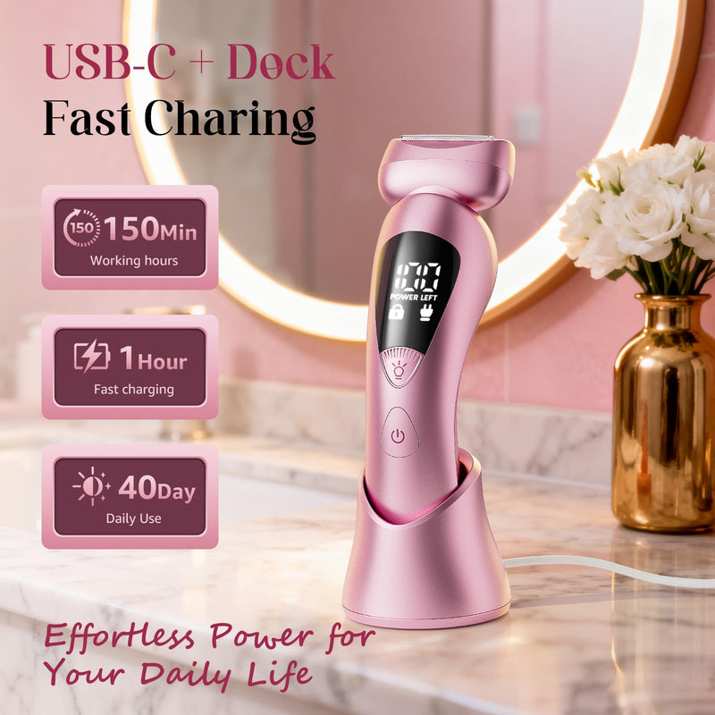 [Australia] - Electric Bikini Trimmer for Women: Rechargeable Painless Shaver for Body Hair - IPX7 Waterproof Cordless Razor with LED Display for Face/Leg Light Pink 