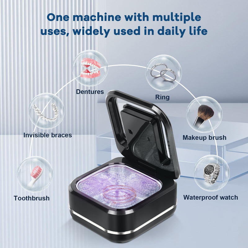[Australia] - Ultrasonic Retainer Denture Cleaner Machine for Night Guards, Mouth Guards, Jewelry, Braces, 28W Dental Cleaning Pod with Digital Timer, Dual Cleaning Mode, 42kHz, 180ML Black 