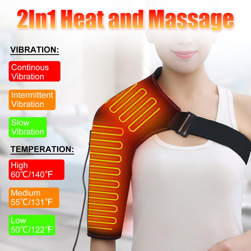 Woolala Heated Shoulder Brace with Massager - Electric Heating Pad | for Right Shoulder Pain Relief & Upper Arm Muscle, Portable Heated Wrap