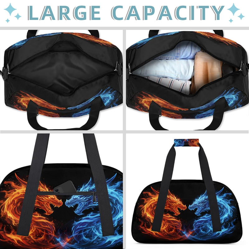 Gym Travel Duffle Bag for Boys - Ice Fire Dragon Kids Overnighter Weekend Bag with Front Zipper Pocket for School Practice, Teens Carry-On Size Sleepover Bags
