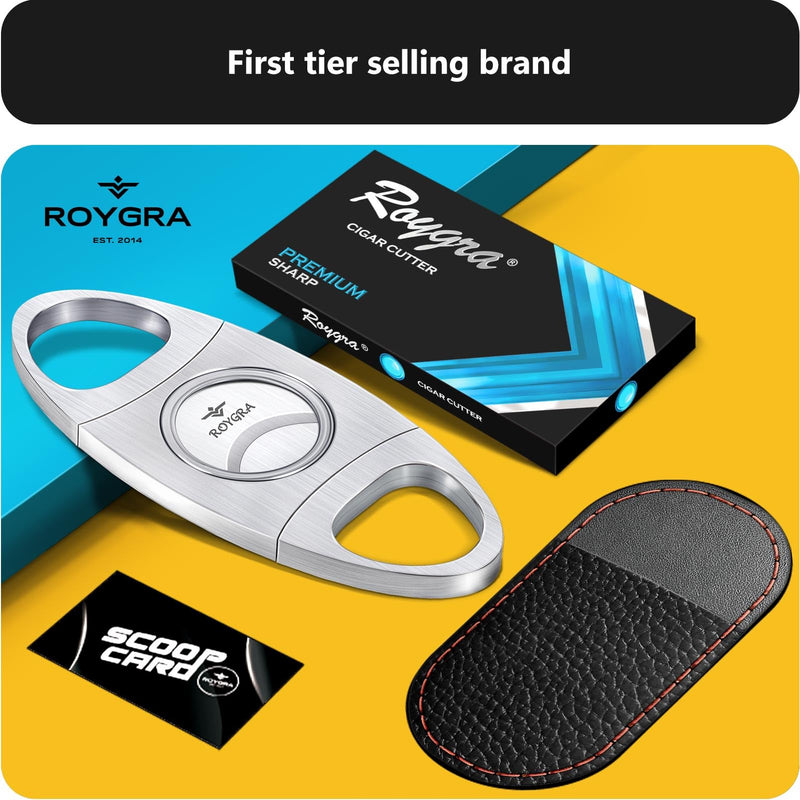 [Australia] - roygra Cigar Cutter with Leather Protector, Stainless Steel Double Blade Guillotine (Silver) Silver 