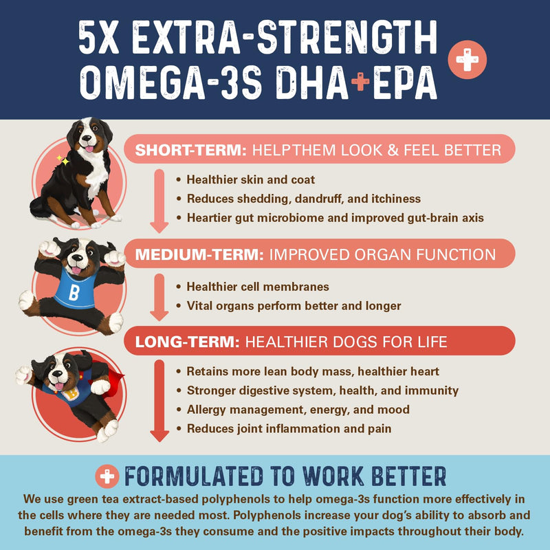 Bernie's OMG!!! Omegas 5X Extra Strength Omega-3s DHA+EPA, Chews with Fish Oil for Dogs, Ultimate Skin & Coat, Works as Dog Allergy Chews, Dog Calming Chews, Joint Supplement. (Pork) Pork - PawsPlanet Australia