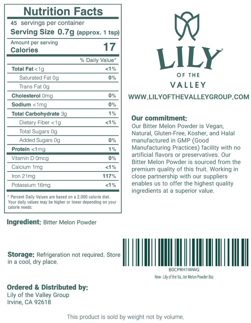 [Australia] - Lily of the Valley Bitter Melon Powder (Karela Powder) - Ideal for Smoothies & Shakes - Momordica Charantia - Healthy Lifestyle - Vegan & Gluten-Free - Resealable Pouch (8oz, 226g) 8 Ounce (Pack of 1) 