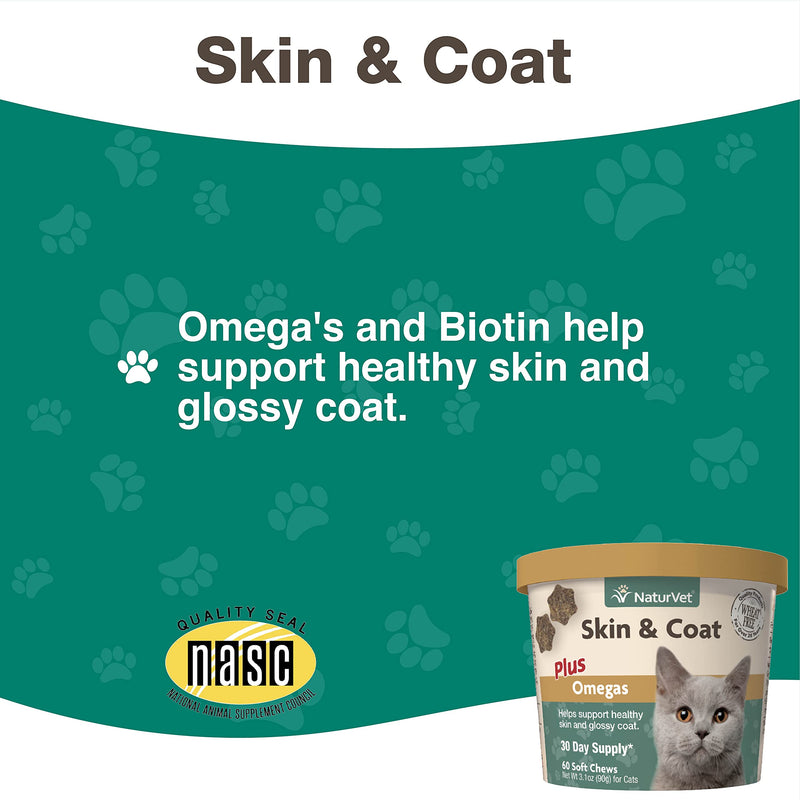 NaturVet – Skin & Coat Plus Omegas for Cats – 60 Soft Chews | Supports Healthy Skin & Glossy Coat | & VitaPet Senior Daily Vitamins for Cats, Formulated to Provide Essential Minerals, 90 g, 60 Count - PawsPlanet Australia