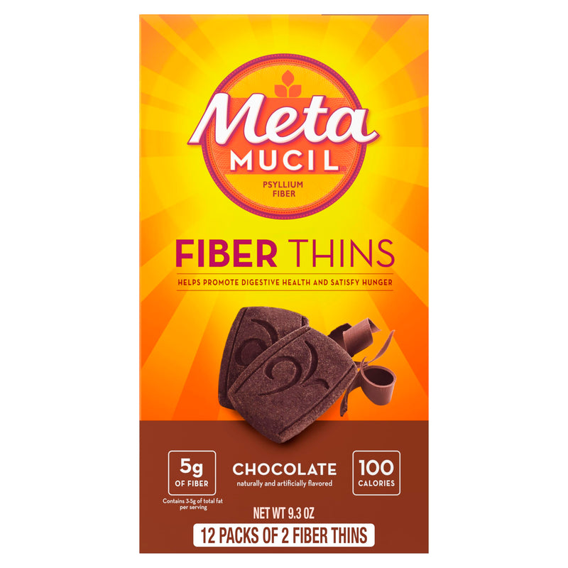 Metamucil Fiber Thins, Psyllium Husk Fiber Supplement, Digestive Health Support and Satisfy Hunger, Chocolate Flavored, 12 Servings