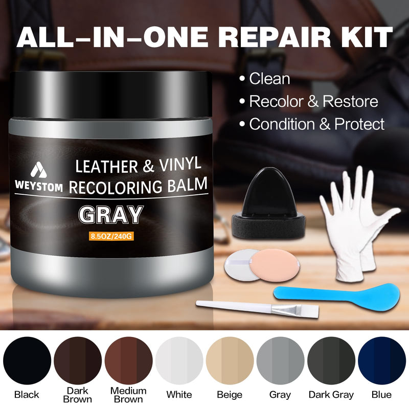 Leather Recoloring Balm - Gray Leather Repair Kit for Furniture, Leather Dye, Recolor, Renew, Repair & Restore Aged, Faded, Cracked, Peeling and Scuffed Leather 8.5OZ Grey