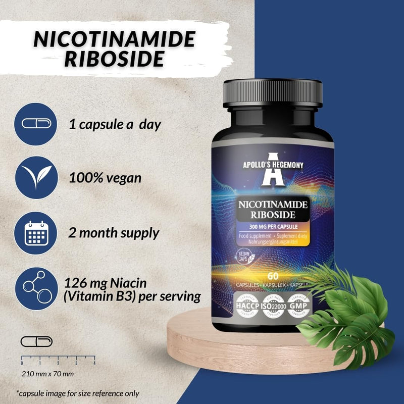Nicotinamide Riboside (NR) 300 mg - 60 Niacin Vegan Capsules - 2 Months Supply - NAD+ Precursor - Vitamin B3 Supplement to Support Energy Metabolism and Reduce Tiredness - by Apollo's Hegemony