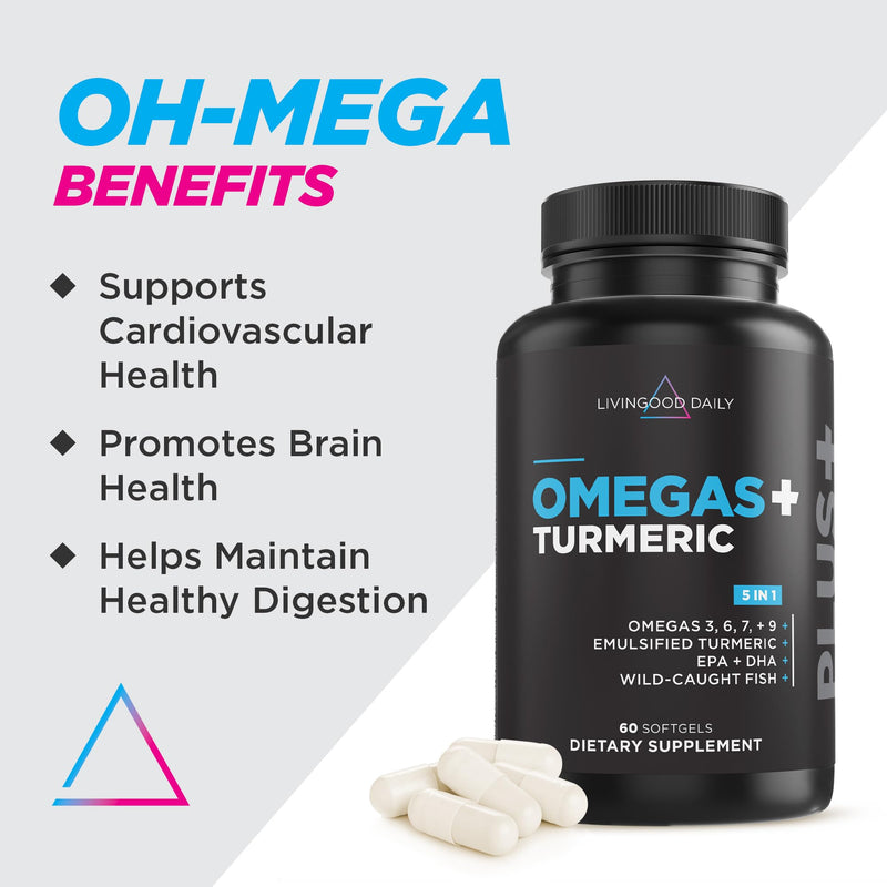 [Australia] - Livingood Daily Omega 3 6 9 Plus Turmeric Curcumin - Omega 3 Supplement (EPA & DHA) - Supports Heart Health - Joint Supplements - 60 Softgels 