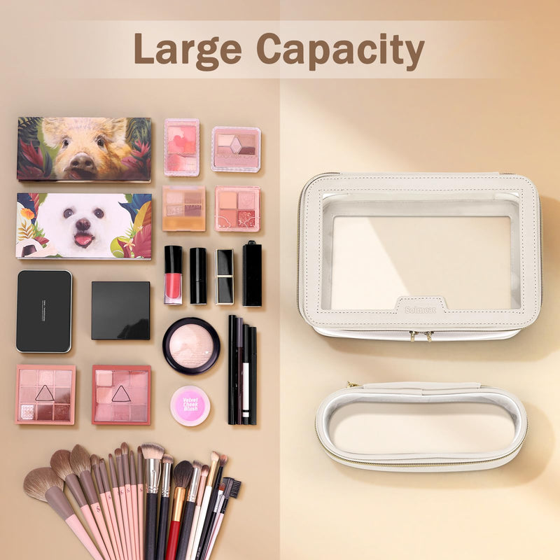 Soimeat Travel Clear Makeup Bag with Makeup Brush Bag, Leather Makeup Case Toiletry Bag, Portable Cosmetic Bag Case, Transparent Waterproof Cosmetic Organizer Storage Bag for Women