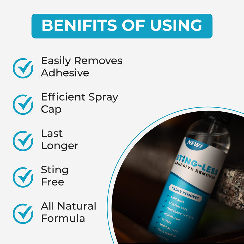 New Sting-Less Adhesive Remover for Skin | Bandage & Surface Adhesive Remover | Sting Free Formula | All Natural | Removes Bandages, Tape, Gum in Hair, Glitter, Wig Adhesives | Made in The USA | 4 Oz Spray Bottle - 4 Ounce