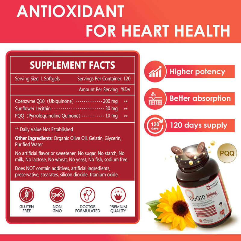 [Australia] - NATURE TARGET CoQ10-200mg-Softgels + PQQ with Organic-Olive-Oil - High Absorption-Coenzyme-Q10 - Antioxidant-for-Heart-Health and Immune Support, Energy Production, 120 Servings 120 Count (Pack of 1) 