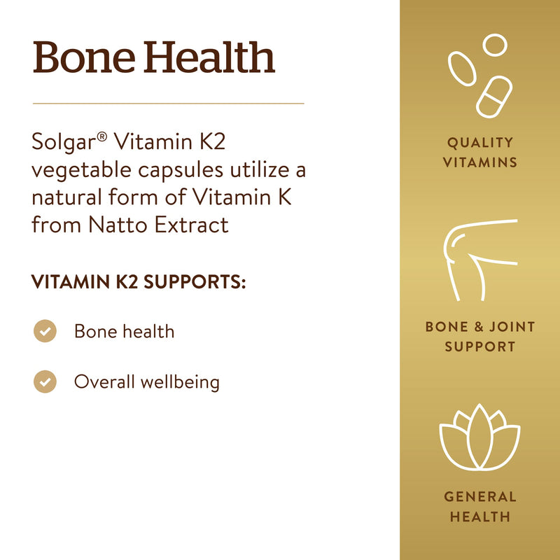 Solgar Naturally Sourced Vitamin K2 (MK-7) 100 mcg - 50 Vegetable Capsules - Supports Bone Health - Whole Food Source from Natto Extract - Non-GMO, Gluten Free - 50 Total Servings 50 Count (Pack of 1)