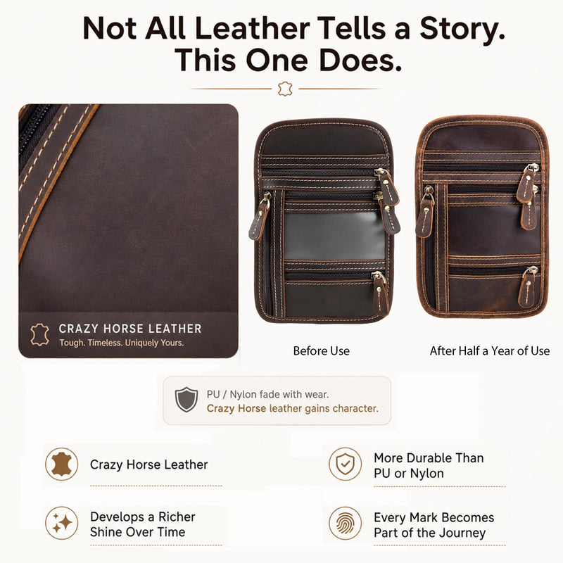 Full Grain Leather Neck Wallet, RFID Blocking Passport Travel Pouch, Coffee | Crazy Horse Cowhide, YKK Zipper & Brass Hardware, 3-Way Strap, Multi-Pocket Organizer, Detachable & Adjustable Shoulder Strap Dark Brown