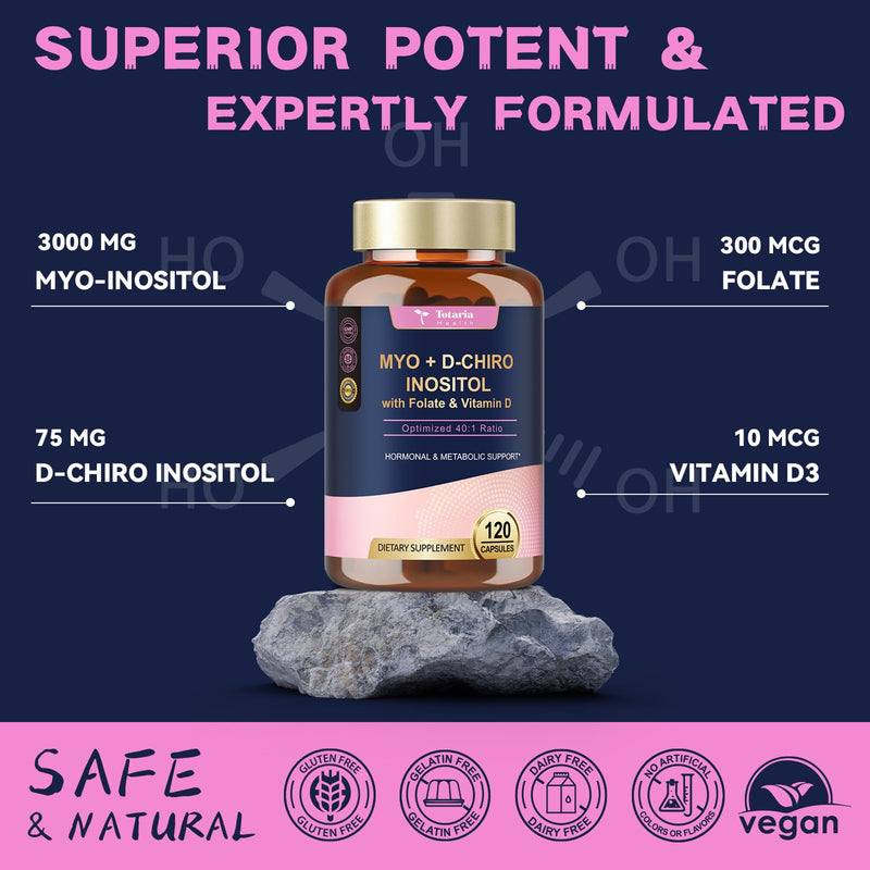 Totaria Myo-Inositol & D-Chiro Inositol Supplement Capules 3075mg, Plus Multivitamin Vitamin D3, Folate, Ideal 40:1 Ratio - Hormonal Balance for Women & Ovarian* Support | Vegan, Non GMO - 120 Caps 120 Count (Pack of 1)