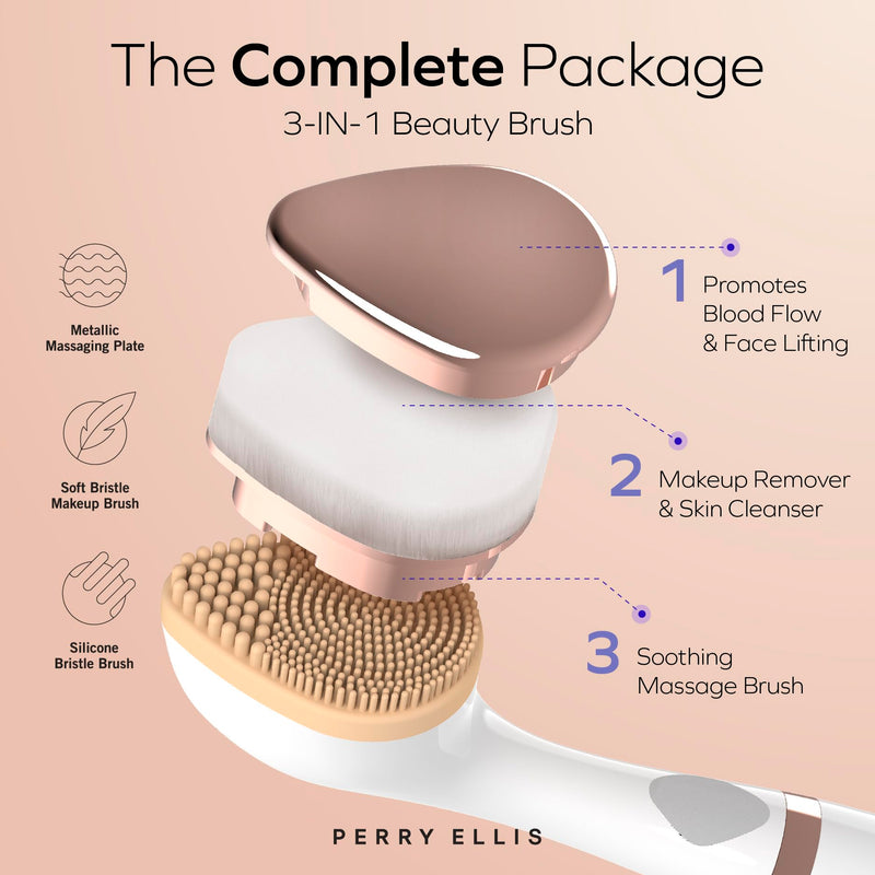 Perry Ellis 3-in-1 Beauty Brush with Silicone Face Cleanser, Makeup Applicator, and Metallic Eye-Massaging Plate, IPX6 Water-Resistant Electric Skincare Accessory with 3 Vibrating Modes and Stand