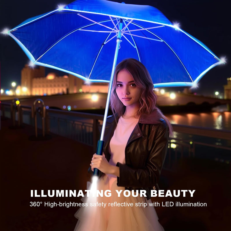 Auto-Open Light Up LED Rain Umbrella,32" Handheld Sun Wind Umbrella with Bottom Flashlight and Safety Reflective Strip for All Ages Boys/Girls/Adults