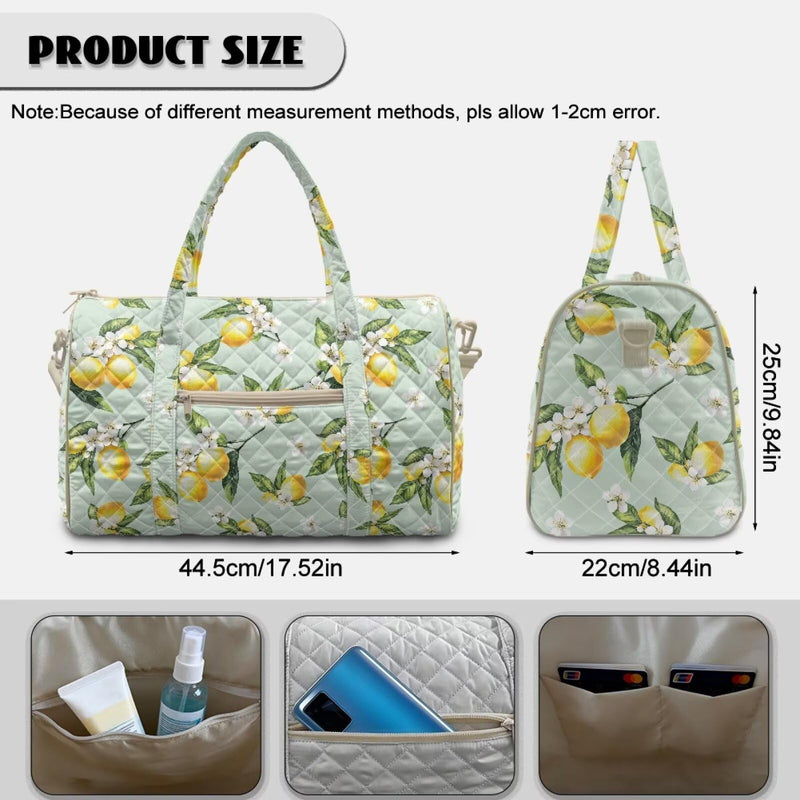 Quilted Weekender Bag Lemon Green Fresh Print Large Weekender with Adjustable Crossbody Strap Zesty Travel Bag for Overnight Trips