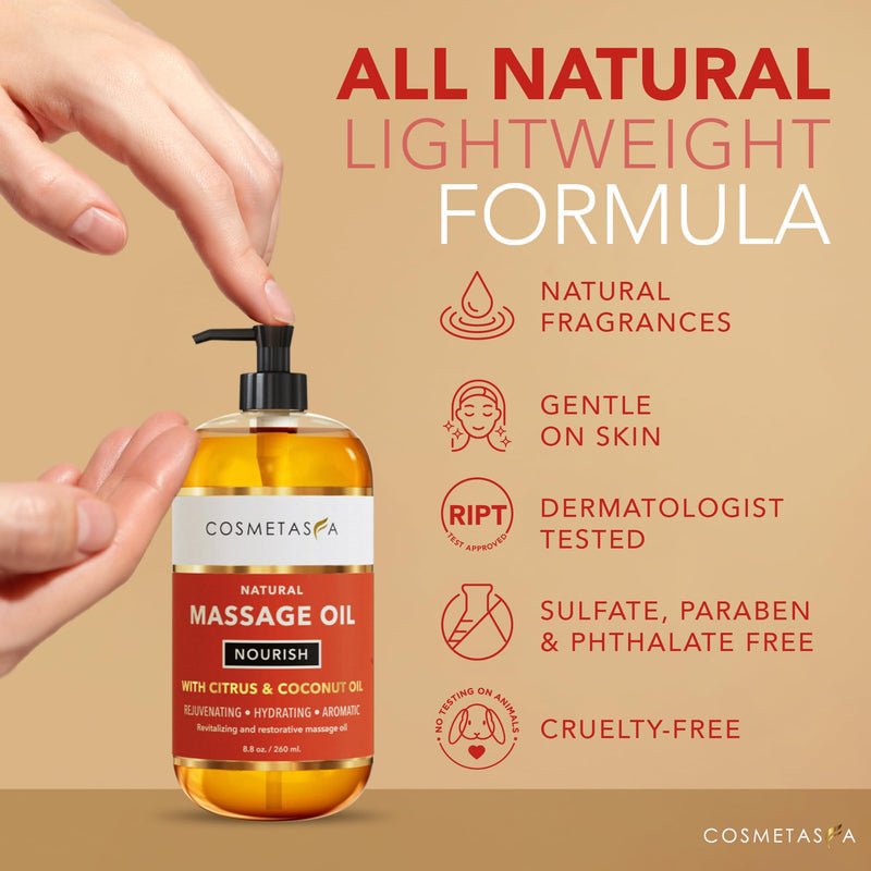 [Australia] - Natural Nourishing Massage Oil with Massage Roller Ball - Therapeutic Citrus & Coconut Massage Oils with Rejuvenating, Hydrating & Aromatic Essential Oils for Dry Skin, Soothes Muscle & Joints 8.8 oz Massage Oil w/ Body Roller 