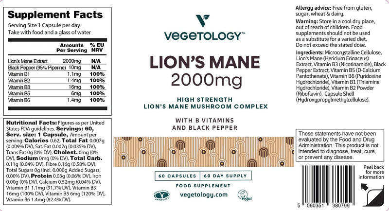 Lions Mane Supplement, 2000mg High Strength Mushroom Complex with B Vitamins and Black Pepper, Supports Mental Clarity, Energy & Nervous System, 60 Vegan Capsules, Age 11+