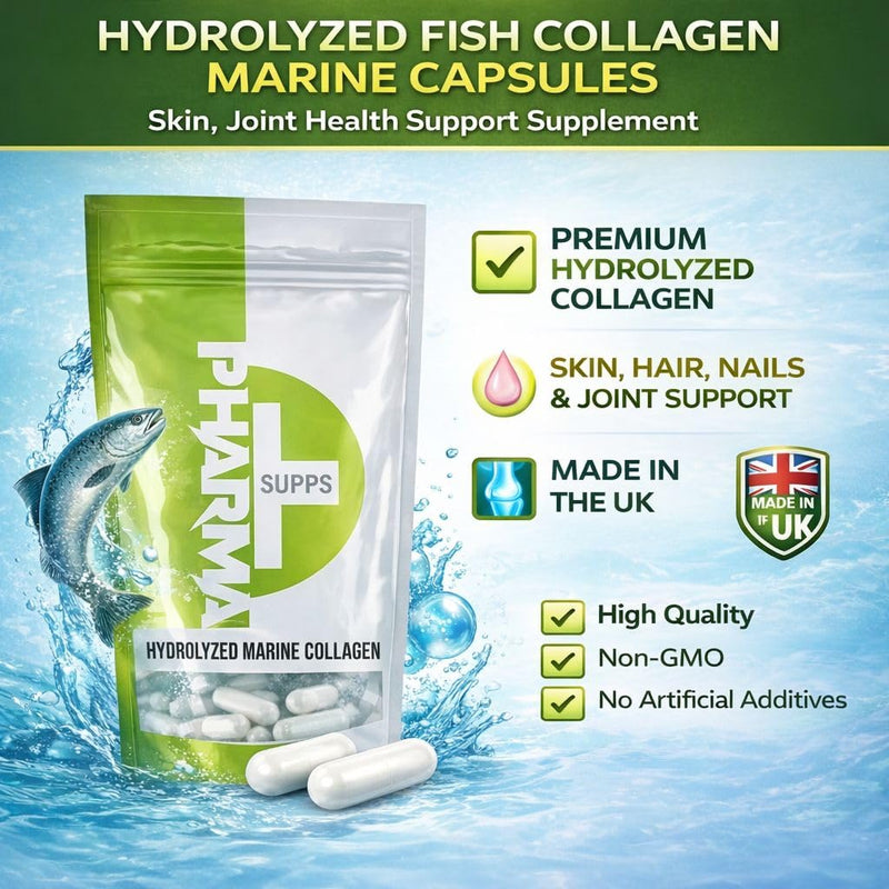 Hydrolyzed Fish Collagen Marine Capsules – Skin, Joint Health Support Supplement – 400mg, 30 Capsules – Pure Fish Collagen for Healthy Skin, Hair, Nails, and Joints – Made in UK