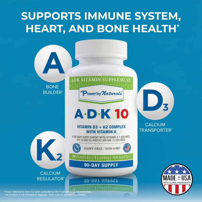 Power By Naturals ADK 10 Vitamin Supplement – Vitamins A, D3 & K2 MK-7 for Bone, Heart & Immune Health – Gluten-Free, Soy-Free – 90 Capsules (3-Month Supply) 90 Count (Pack of 1)