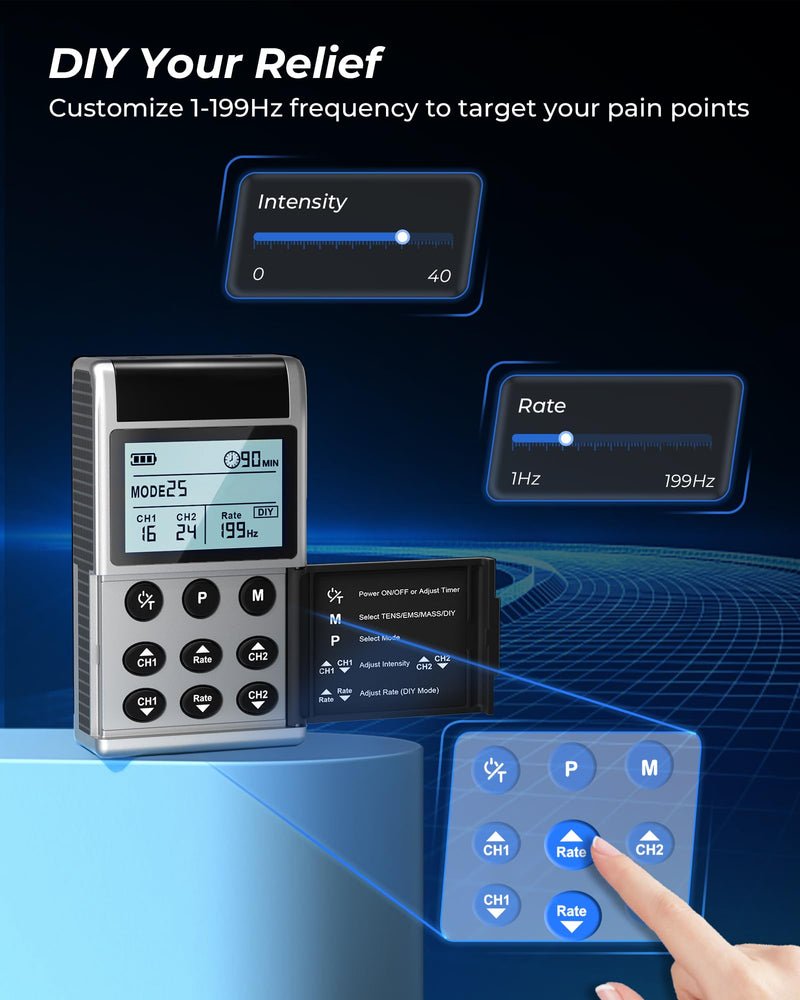 TENS Unit Muscle Stimulator, Rate DIY 1-199Hz, Model B2501 | A/B Channel TENS Machine, 40 Intensities for Back Sciatica Pain Relief, Storage Case, 12 Pads, Home Travel Gift for Dad Mom Grey