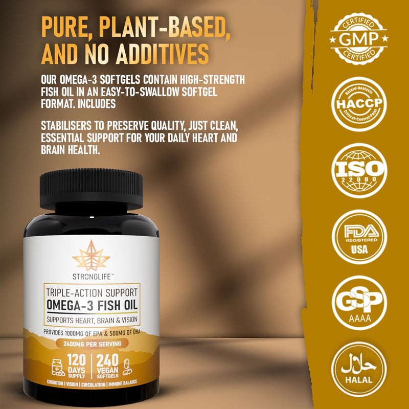 Omega 3 Fish Oil Supplement 3600mg | High Strength EPA & DHA | Brain, Heart, Joint & Eye Support | Premium Omega 3 Softgels for Men & Women | 240 Softgels – 120 Day Supply