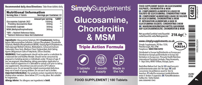 Glucosamine, Chondroitin & MSM Tablets | Supports an Active Lifestyle | 90% Active Chondroitin | 180 Tablets = 2 Months’ Supply | Manufactured in The UK in Accordance with GMP Standards Unflavoured 180 count (Pack of 1)