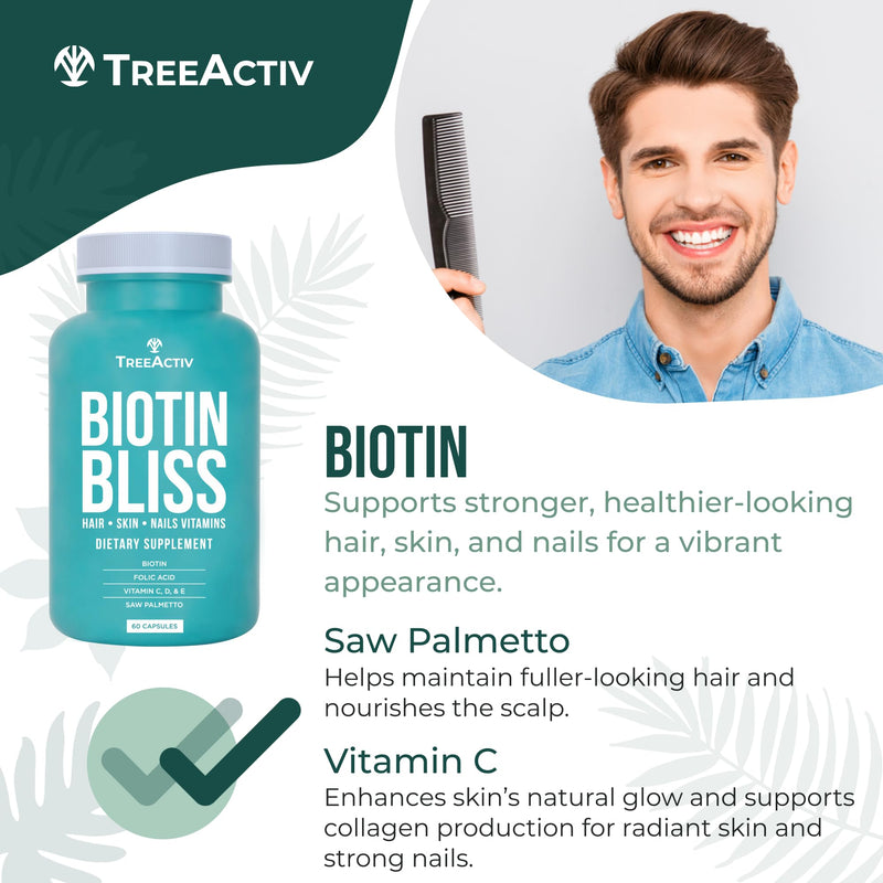 Biotin Bliss Skin Hair Nails Vitamins + Saw Palmetto Supplement Volumizer & Thickening Formula for Men Women Folate MSM B Complex for Hair Growth & Strength 60 Capsules 30-Day Supply