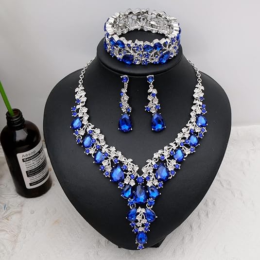 [Australia] - 4 Pcs/Set Austrian Crystal Necklace Earrings Bracelet Ring Bridal Jewelry Sets for Brides Wedding Party Costume Accessories Gifts for Women white gold plated-royal blue 