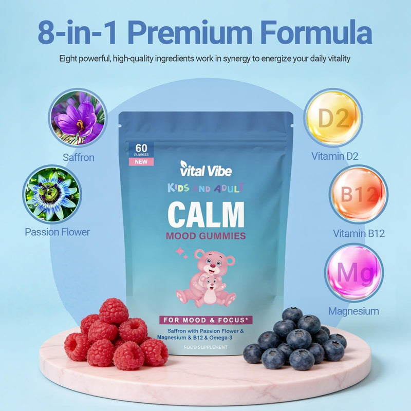 Calm Mood Gummies for Kids & Adults | Saffron, Passion Flower, Magnesium, Omega-3, B12 | Supports Mood & Focus | 60 Raspberry Flavour Gummies | Vegan & Gluten Free