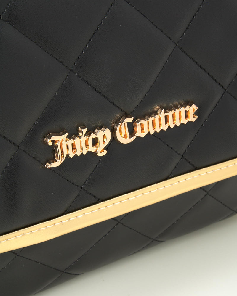 Juicy Couture Black Makeup Bag Cosmetics Organizer Travel Essentials Hanging Hook Faux Quilted Leather Gold Trim