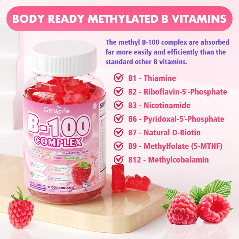 2 Pack Vitamin B Complex Gummies, All B Vitamins + Methyl B12, B1, B2, B3, B5, B6, Biotin, Methylfolate, Vitamin C, Choline, Inositol, PABA for Energy & Immune Support, Raspberry, 120 Count 120 Count (Pack of 1)