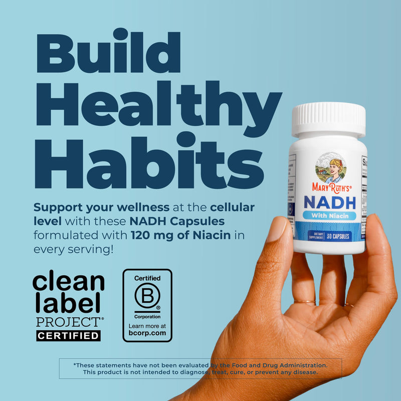 MaryRuth's NADH Capsules, Niacin, NAD+ Precursor, 30 Servings, CoQ10, Vegan | Trans-Resveratrol, Cellular Energy, Non-GMO, Gluten Free