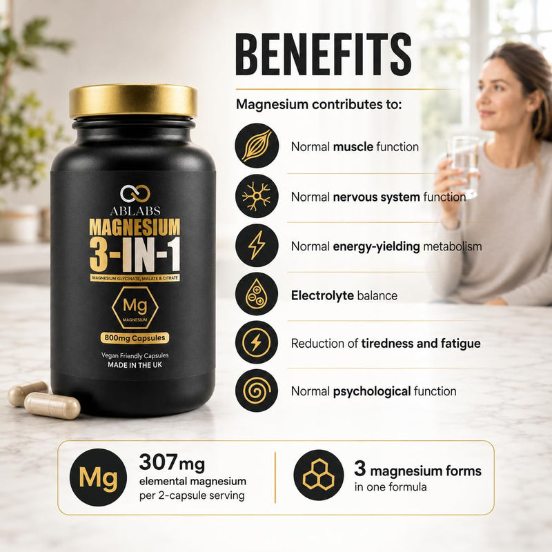 Magnesium 3-in-1 1600mg | ABLABS | Glycinate, Malate & Citrate | Made in The UK | Triple Strength 1600mg | Vegan Capsules (60) 60