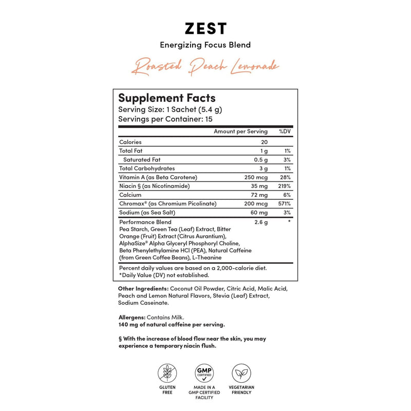 Tranont Zest Energizing Focus Blend | Roasted Peach Lemonade Energy Powder | Gluten-Free, Sugar-Free with Green Tea L-Theanine, Vitamins & Antioxidants for Energy, Focus, and Health | 15 Sticks