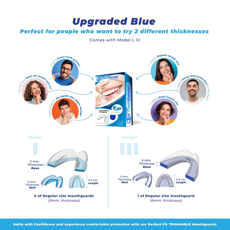 [Australia] - The ConfiDental - Pack of 3 Moldable Mouth Guard for Teeth Grinding Clenching Bruxism, Sport Athletic, Whitening Tray, Including 2 Regular and 1 Heavy Duty Guard (2 (LLL) Regular 1 (II) Heavy Duty) Model I (2pcs.) + Medel III (1pcs.) Blue 3 