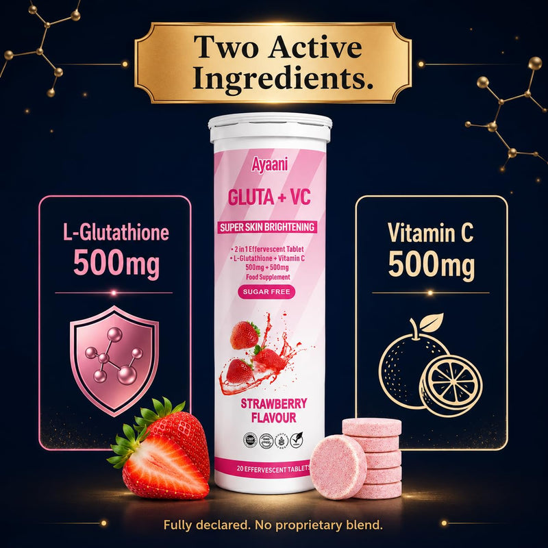 Glow Strawberry — Glutathione 500mg + Vitamin C 500mg | Beauty Drink for Skin Glow | Even Tone | Radiance | Zero Sugar and No Fillers | Effervescent Tablets | 20 Count