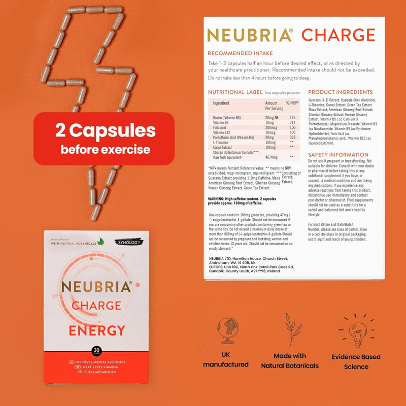 NEUBRIA Charge Energy & Brain Supplement – Nootropics for Adults with Guarana, Ginseng Blend, Green Tea, Vitamins B6, B12 & L-Theanine – Gym & Workout Formula for Women & Men – 30 Capsules Charge - Energy 30 Tablets 30 count (Pack of 1)