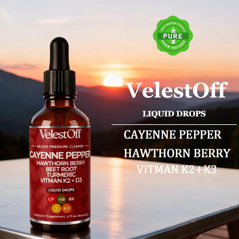 Velestoff Cayenne Pepper Drops Supplement Liquid - Cayenne Pepper, Hawthorn Berry, Beet Root, Turmeric, Vitamin K2+D3, Immune Support, Energy Boost, 2 Fl. Oz.
