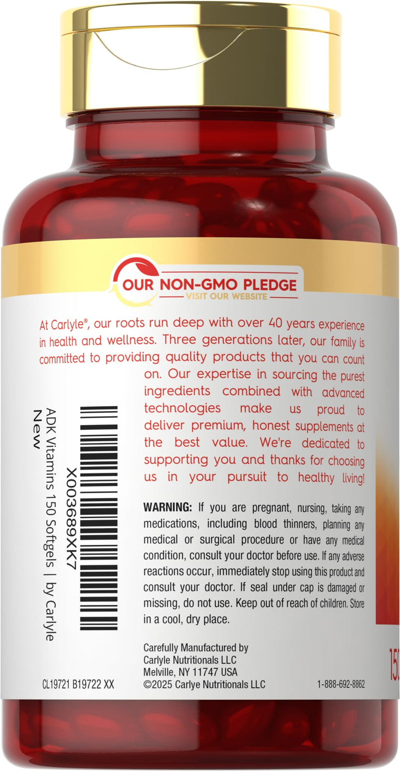 Carlyle Vitamin ADK Supplement | 150 Softgels | With Vitamins A, D3 (5000 IU), K1, K2 (as MK-4 & MK-7) | Non-GMO, Gluten Free