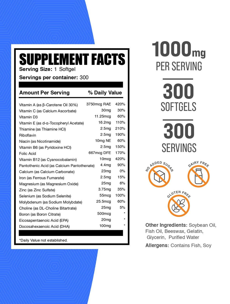 BulkSupplements.com Multivitamin for Men 50 Plus Softgels - Men's Daily Vitamins, Multimineral Supplement - Complete Multivitamin with Fish Oil - 1 Softgel per Serving, 300 Count (Pack of 1)