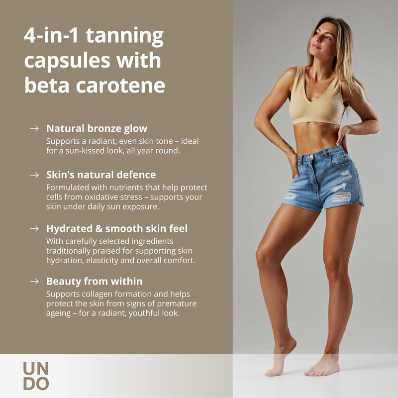 Tanning Capsules - Beta Carotene, Hyaluronic Acid, Lycopene, Copper, Selenium for Radiant & Hydrated Skin - Undo Bronzan, 60-Day Supply by Sensilab