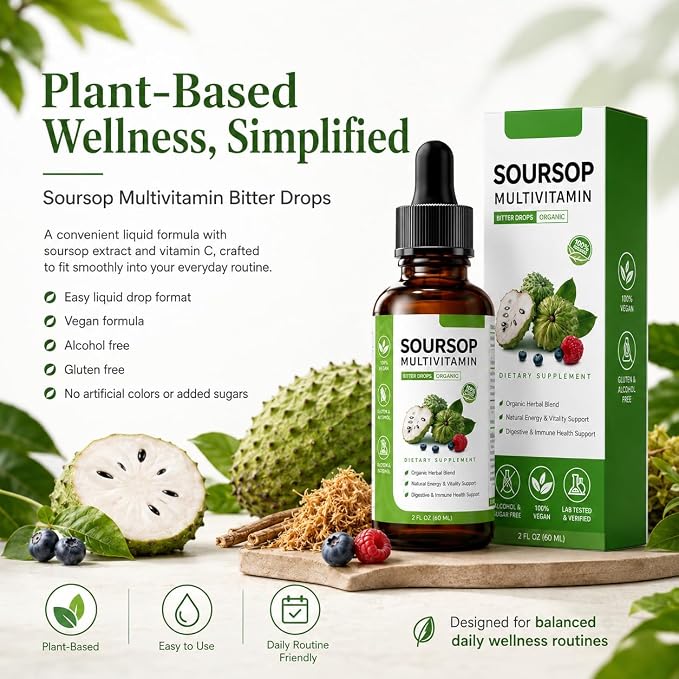 Soursop multivitamin Drop Natural Energy Booster, Immune Support, Vegan,Gluten Free,Non-GMO Vitamin B6,C,D, 60ml