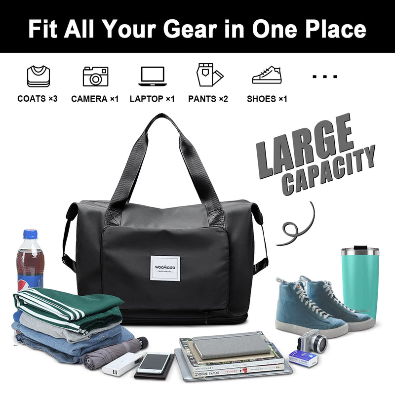 WOOMADA Foldable Travel Duffel, Weekender & Carry-On Bag with Expandable Space B-Black