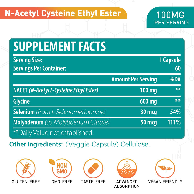 N-Acetyl Cysteine Ethyl Ester 100mg - More Absorption Than 1000mg NAC - with Glycine 600mg - Benefit Glutathione - Good for Immune System & Antioxidant for Adults, NACET ( 60 Capsules - 1 Pack) 60 Count (Pack of 1)