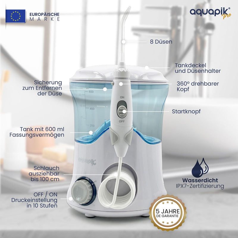 [Australia] - Aquapik® PRO Professional Oral Irrigator | Removes plaque + Recommended by dentists + Cares for your implants and braces | Oral irrigator with 8 nozzles + 10 pressure levels + 600 ml capacity white 
