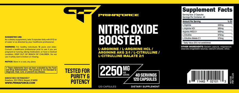 [Australia] - Primaforce Nitric Oxide Booster (2,250mg, 120 Capsules) - 40 Servings of Our Nitric Oxide Boosting Blend for Pre-Workout and Post-Workout 